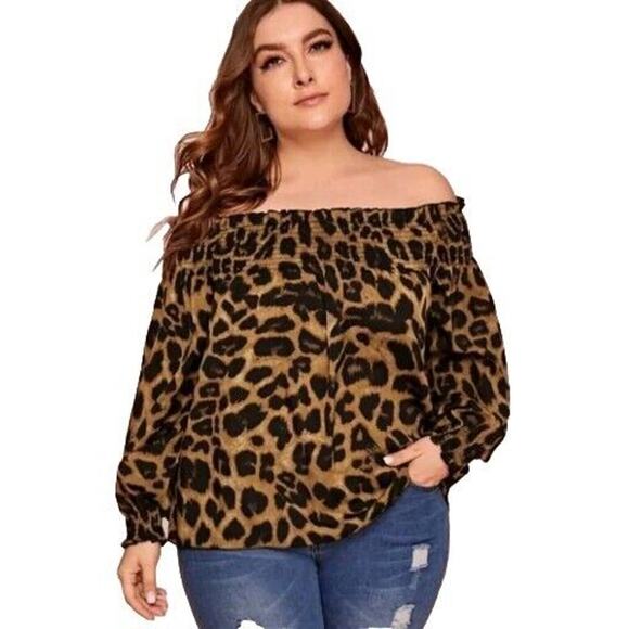 Animal Print Shein Peasant Blouse Womens Leopard Off Elastic Smocked Shoulder XL - Picture 1 of 7